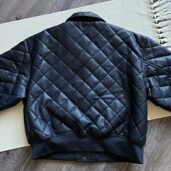 Rebecca Minkoff Diamond Quilted Faux Leather Navy Blue Bomber Jacket - Picture 9 of 12